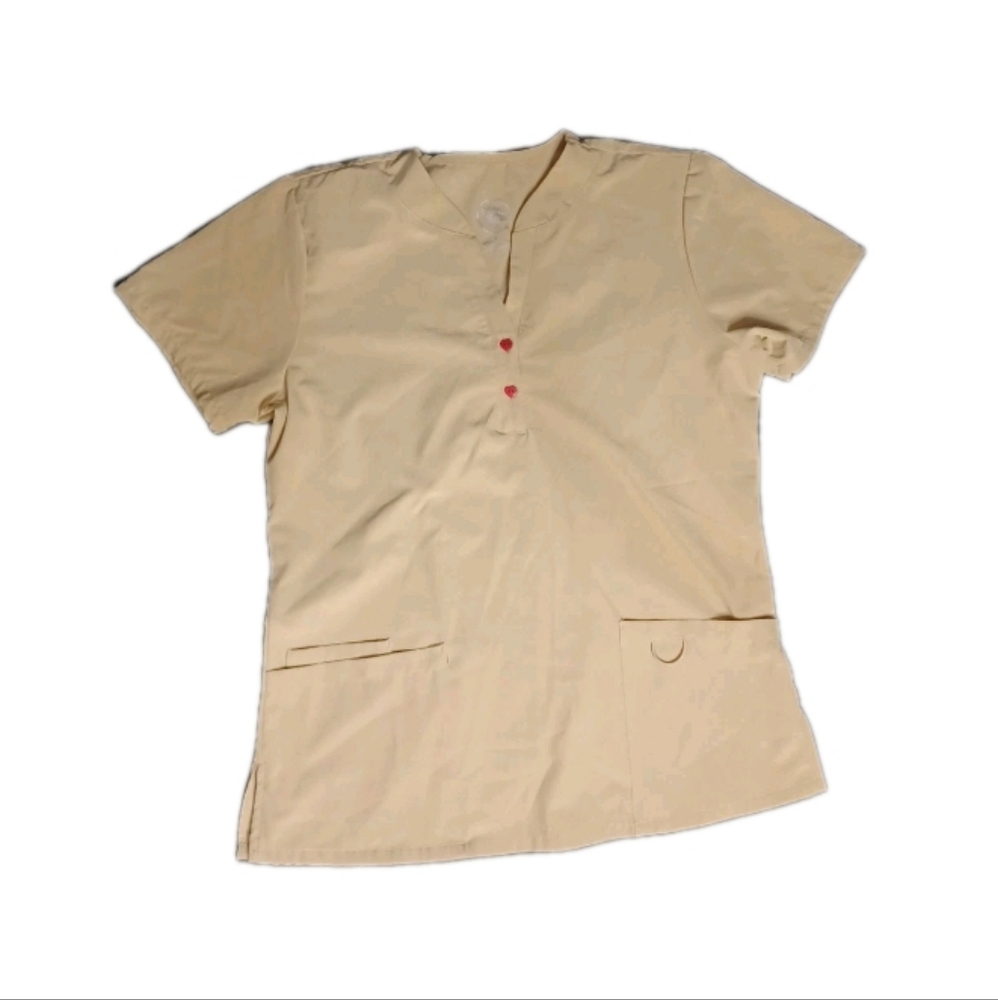 Beige Scrub Top with Red Heart-Shaped Buttons
